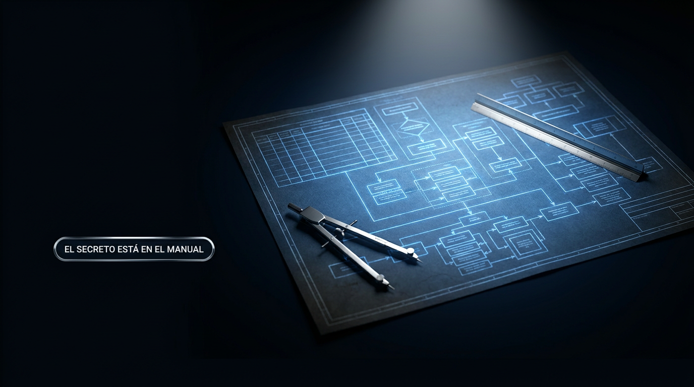 Blueprint con un diagrama de flujo azul, compás y regla sobre una mesa oscura