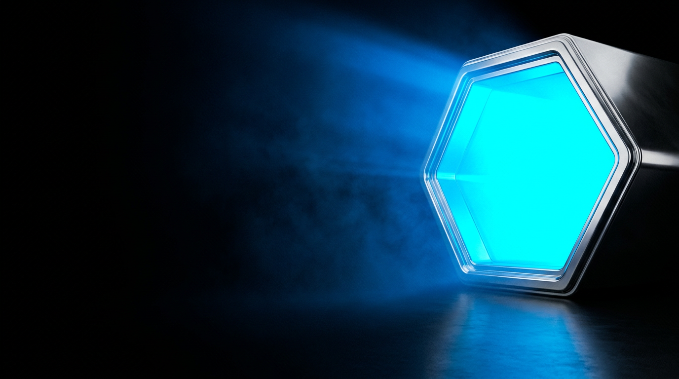 Portal hexagonal de neón azul brillando en la oscuridad
