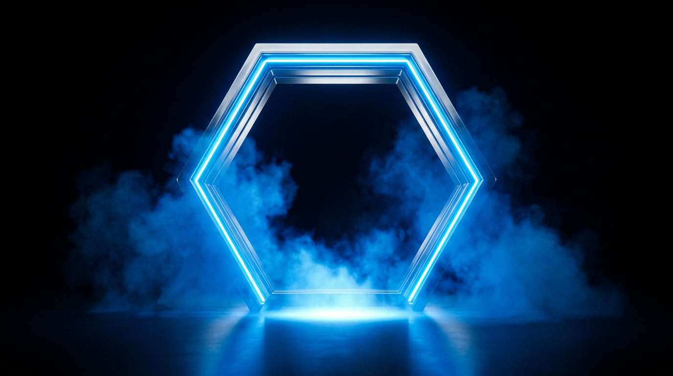 Marco hexagonal de neón azul rodeado de humo