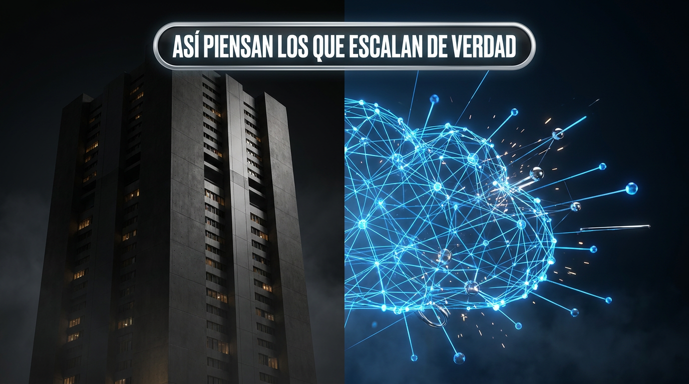 Edificio de concreto gris a la izquierda y una red neuronal azul brillante a la derecha