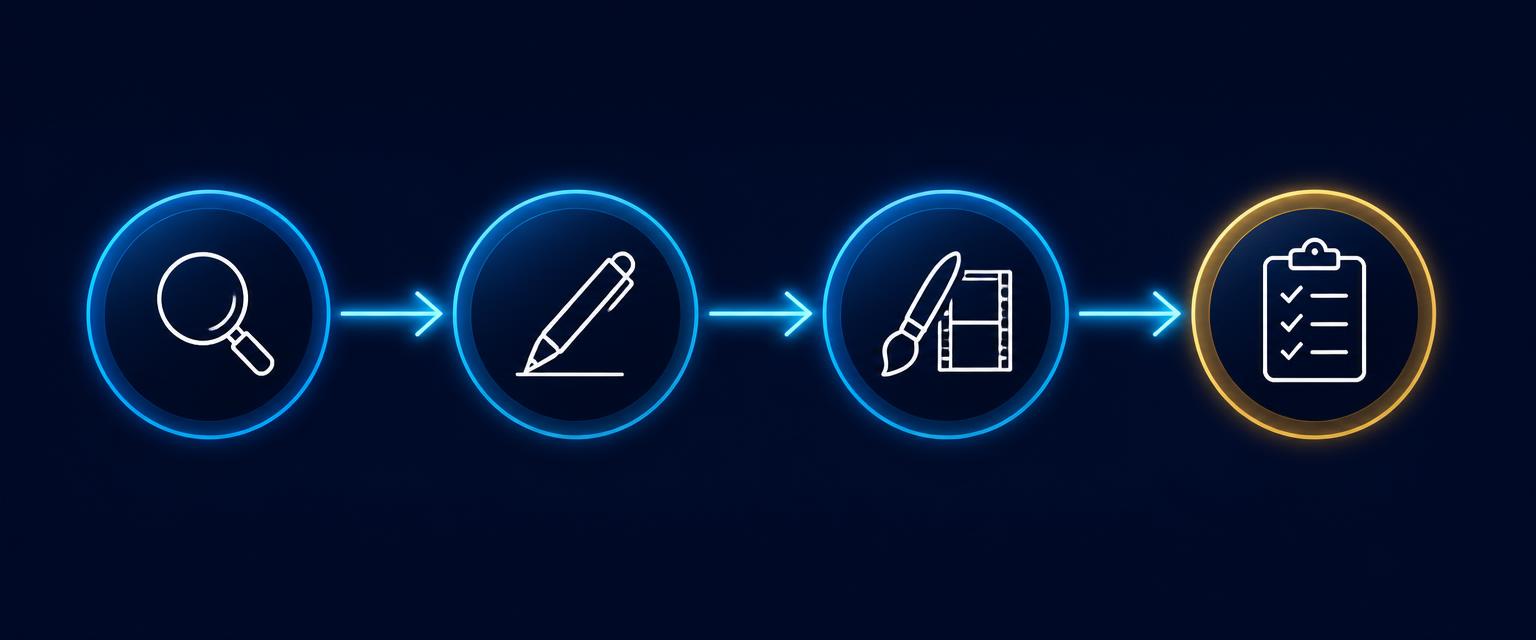 Diagrama de flujo: investigador, copywriter, diseñador y editor, y coordinador de producción conectados por flechas